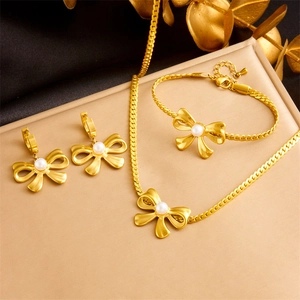 Necklace Bracelet And Huggie Earrings Jewelry Stainless Steel Gold Plated Bowknot Artificial Pearl Vintage Elegant Women Fashion