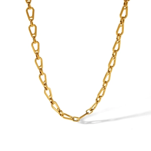 Detail of gold double-layer necklace with unique rectangular hollow links and metallic shine