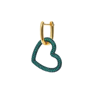 Elegant gold U-shape earrings with hollow heart charms featuring green pavé crystals