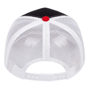 Rear view of trucker hat with white mesh panels and adjustable snapback closure