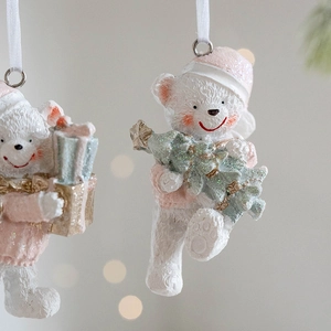 Cute resin Christmas bear ornament with glitter finish for festive tree decoration