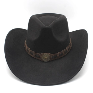 Detail of western cowboy hat with a brown leather braided band and star badge decoration