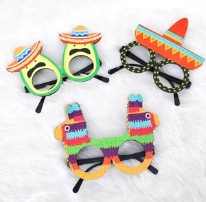 Detailed view of Mexican fiesta party glasses featuring avocado, sombrero, and llama pinata