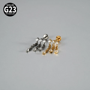 G23 titanium labret studs with triple chain dangles and cubic zirconia in gold and silver