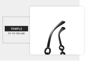 Detail of ergonomic black sunglasses temples featuring circular hollow design for comfort