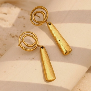 Boucles Oreilles Acier Inoxydable Plaqué Or 18 Carats Texture Martelée Pendentif Barre Longue Double Anneau Géométrique Femmes