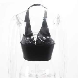 Close-up of black PU leather halter top featuring a lace-up front design on a mannequin