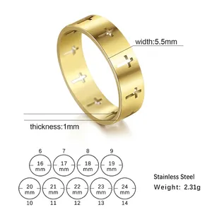 Gold stainless steel hollow cross ring with 5.5mm width and detailed sizing guide
