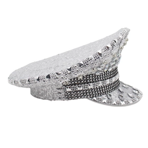 Detailed side view of silver rhinestone military hat with sequins and chains for festivals