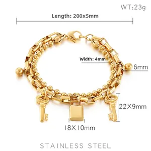 Detailed dimension map of double-layered stainless steel lock and key bracelet