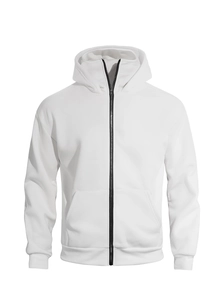 Detailed view of white double-layered hoodie with zipper and functional kangaroo pockets