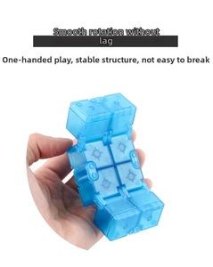 Blue translucent infinity cube fidget toy being flipped by hand for stress relief