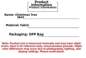 Christmas tree skirt specification sheet showing fabric material and OPP bag packaging