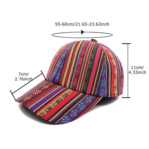 Bohemian vintage baseball cap with ethnic patterns and detailed size measurements