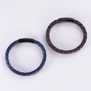 Braided leather bracelets for men in dark brown and blue with black magnetic clasp