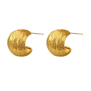 French vintage gold C-shape earrings with textured bark pattern in stainless steel