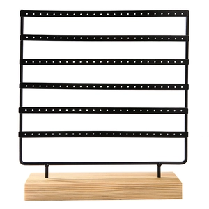 6-tier black metal earring display stand with wooden base for jewelry storage