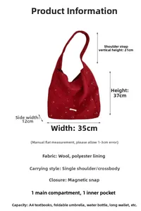 Dettaglio dimensioni della borsa in lana rossa con stelle e chiusura magnetica