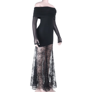 Detail view of black off-shoulder lace dress featuring thumbhole sleeves and sheer tulle hem