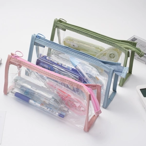 Three large capacity transparent PVC pencil cases in pink, blue and green with zipper