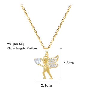 Detailed view of cupid angel pendant with heart zircon and technical size specifications