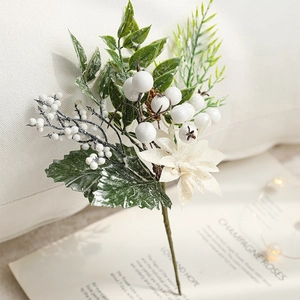 Artificial white berry stem with green leaves and cream flower for Christmas decor