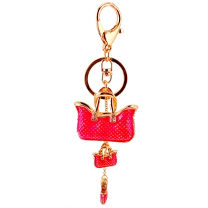 Chic rhinestone handbag and high heel keychain pendant in rose red and gold finish