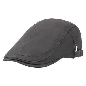 Dark grey cotton flat cap with adjustable metal buckle and premium stitching detail