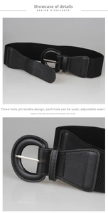 Detail of black elastic waist belt featuring a round metal buckle and three adjustable holes