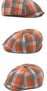 Vues détaillées de la casquette gavroche à carreaux orange et gris avec coutures de qualité