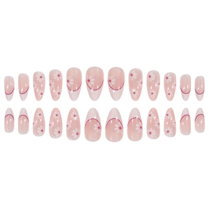 24pcs French almond press-on nails with pink translucent base and daisy floral designs