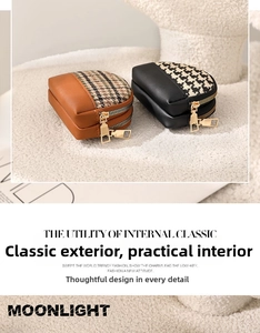 Detail view of mini dual-zipper canvas coin purses in plaid and houndstooth patterns