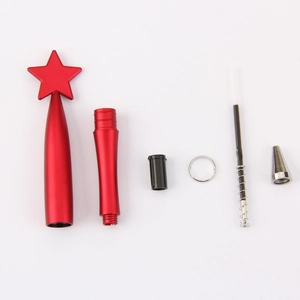 Disassembled view showing internal parts of a red star-shaped ballpoint gift pen