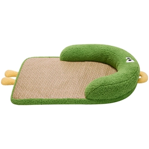 Cartoon monster pet cooling mat with green plush edges and breathable woven sisal center