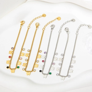 Adjustable butterfly bracelet with colorful zircons in gold and silver stainless steel
