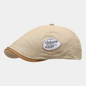 British vintage beige cotton beret with embroidered patch and contrast brown trim edge