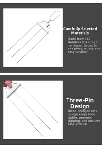 Detail of three-prong stainless steel BBQ skewer with sliding mechanism and metal handle