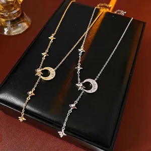 Copper Zircon Moon Star Pendant Necklace Elegant Y Shape Tassel Clavicle Chain Fashion Jewelry For Women