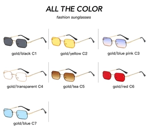 Grid display of vintage small metal sunglasses in seven various lens color options