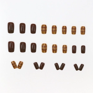 Maillard caramel plaid and dark brown short square press-on nails 24pcs set