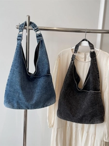 Minimalist washed denim tote bags in dark blue and black colors for women