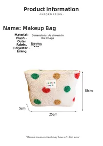Detailed view of plush polka dot makeup bag showing poplin lining and soft sherpa texture