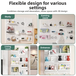 Modular white pegboard storage system with shelves and hooks for wall organization