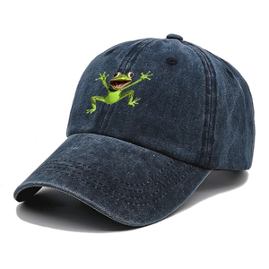 Navy blue washed cotton baseball cap featuring a cute green frog embroidery