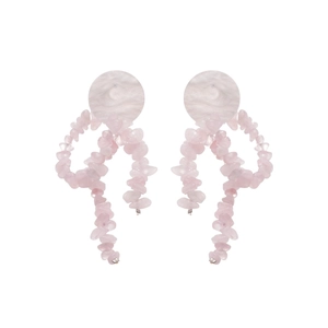 Pink natural stone tassel drop earrings with round marble studs and silver needle backings