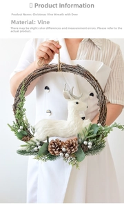 Detail of Christmas rattan reindeer wreath with pine cones and white plush deer decoration