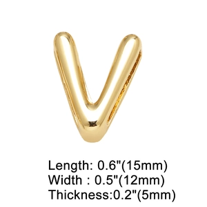 Close-up of gold-plated V-letter charm for bracelets with 15x12x5mm dimensions