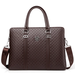 Dark brown leather business briefcase with embossed logo pattern and shoulder strap