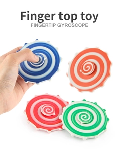 Action shot of spinning fingertip gyroscope showing dynamic colorful motion and swirl patterns