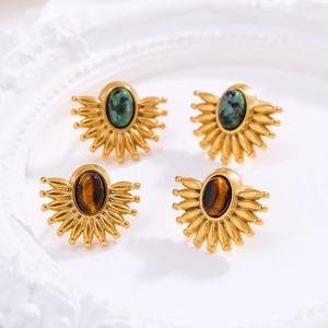 Vintage Sunburst Fan Stud Earrings Stainless Steel Gold Plated Inlaid Synthetic Tiger Eye Turquoise For Women